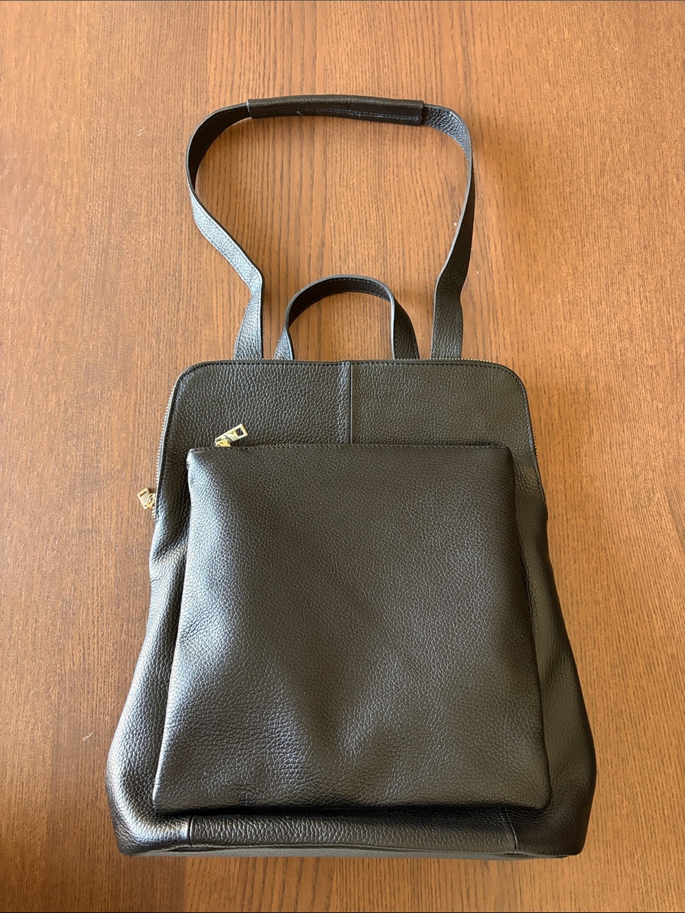 VERA PELLE - Black Leather Backpack Tote - Classic Carry W/ Brass Tone Hardware